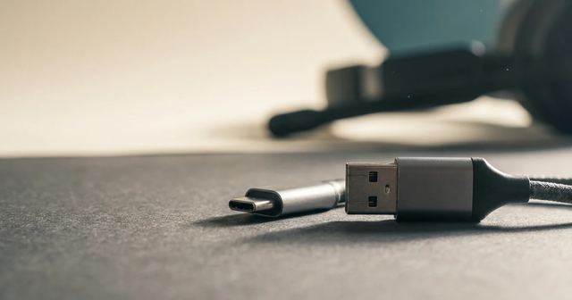 Auriculares con cable junto a un portátil de trabajo en un escritorio sobrio