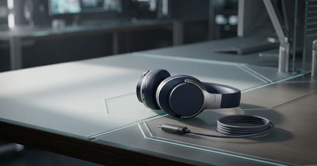 Auriculares con cable junto a un portátil y conexión USB-C sobre una mesa