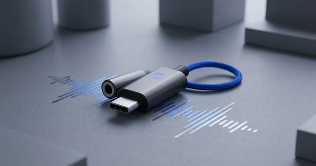 Cable USB-C negro sobre una superficie clara de mármol