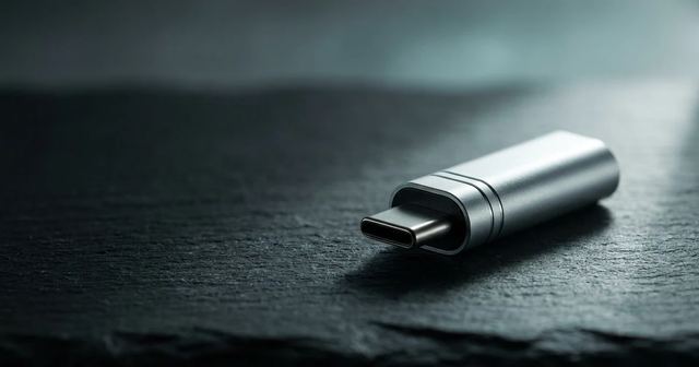 Cable USB-C negro sobre una superficie clara de mármol