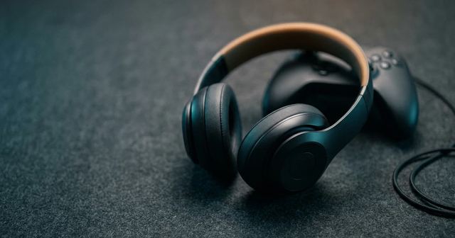 Mando de consola y auriculares negros sobre una mesa clara